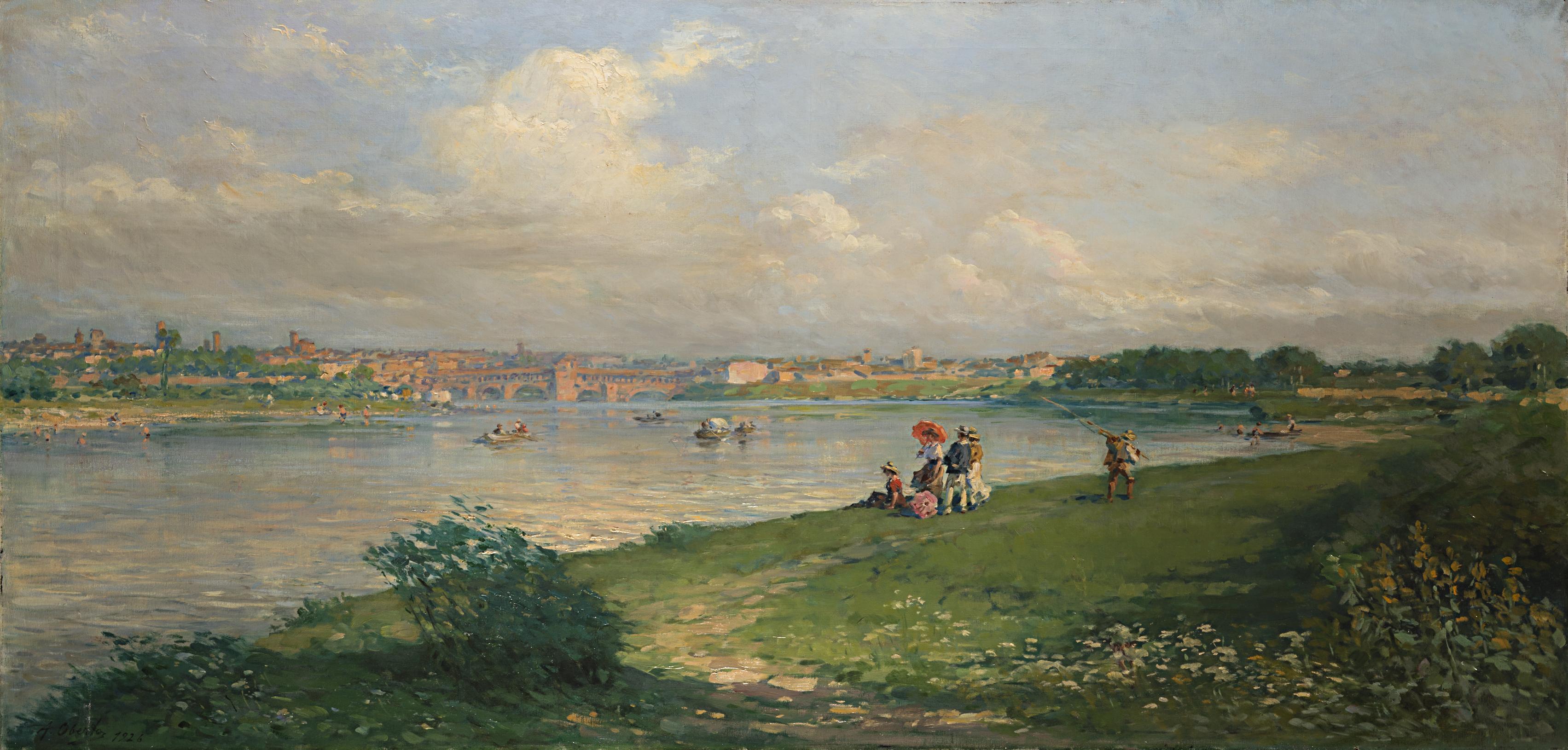 Antonio Oberto - Sulla riva del Ticino. Sullo sfondo Pavia e il Ponte Vecchio