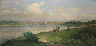 Antonio Oberto - Sulla riva del Ticino. Sullo sfondo Pavia e il Ponte Vecchio