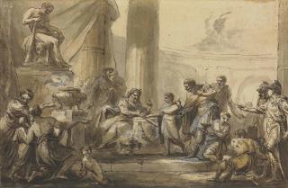 Antonio Pietro Francesco Zucchi, A.R.A., - A Scene From The Antique: A Priest Presenting A Sword To A Youth Beneath A Statue Of Hercules