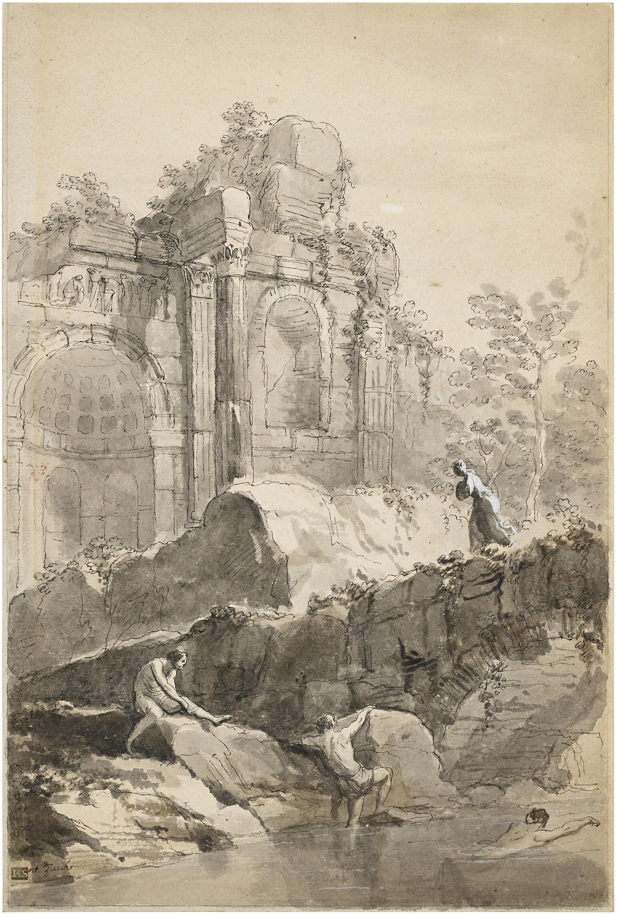 Antonio Pietro Francesco Zucchi, A.R.A. - Bathers by a pool before a classical ruin