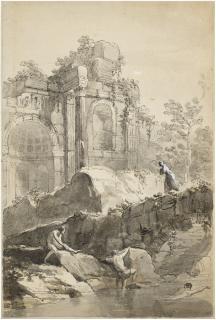 Antonio Pietro Francesco Zucchi, A.R.A. - Bathers by a pool before a classical ruin