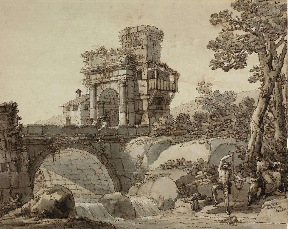 Antonio Pietro Francesco Zucchi - A landscape with a bridge and classical ruins in the distance, a family fishing by a stream in the foreground