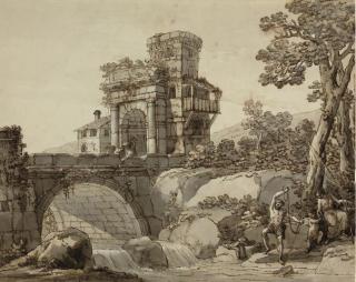 Antonio Pietro Francesco Zucchi - A landscape with a bridge and classical ruins in the distance, a family fishing by a stream in the foreground