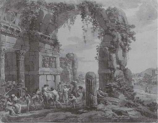Antonio Pietro Francesco Zucchi - Bacchanale sous une arche, un paysage dans le fond