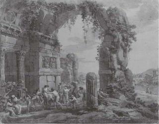 Antonio Pietro Francesco Zucchi - Bacchanale sous une arche, un paysage dans le fond