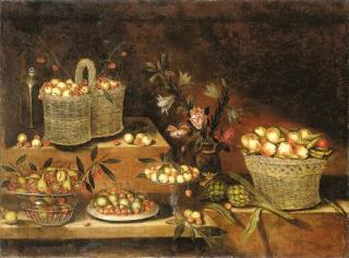Antonio Ponce - A glass bowl, a pewter plate, a tazza and wicker baskets with cherries, apples, pears, figs and other fruits, with a vase of flowers and artichokes, on stepped ledges
