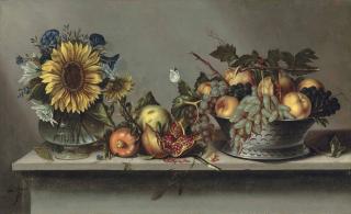 Antonio Ponce - Flowers in a vase and fruit in a bowl on a ledge