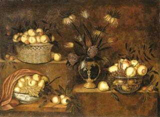 Antonio Ponce - Peaches in a wicker basket, a vase of flowers and bowls with pears, grapes and pomegranates on stepped ledges