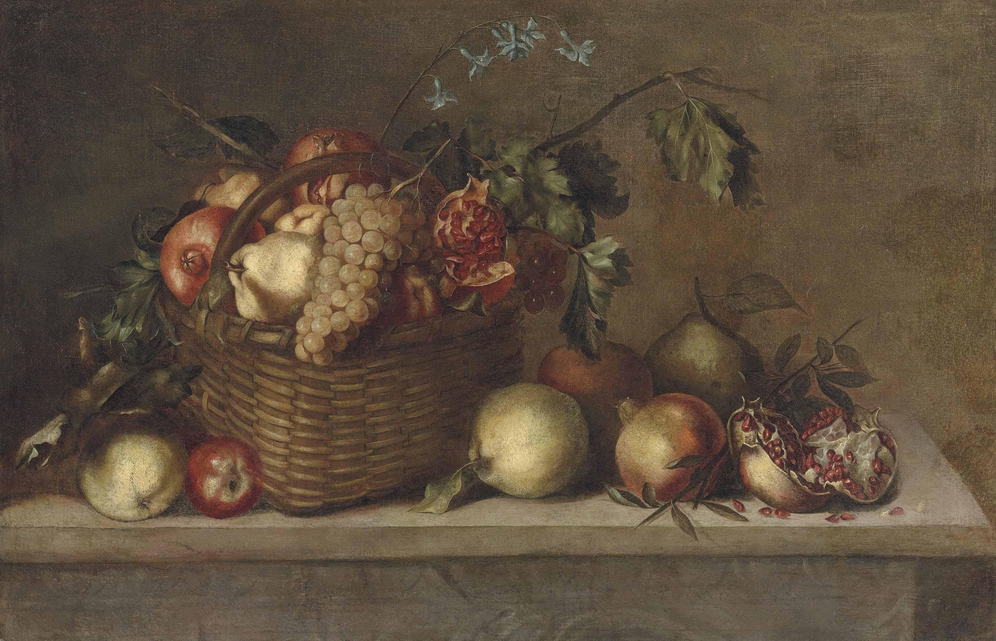Antonio Ponce - Pears, pomegranates and grapes in a basket and other fruit on a stone ledge