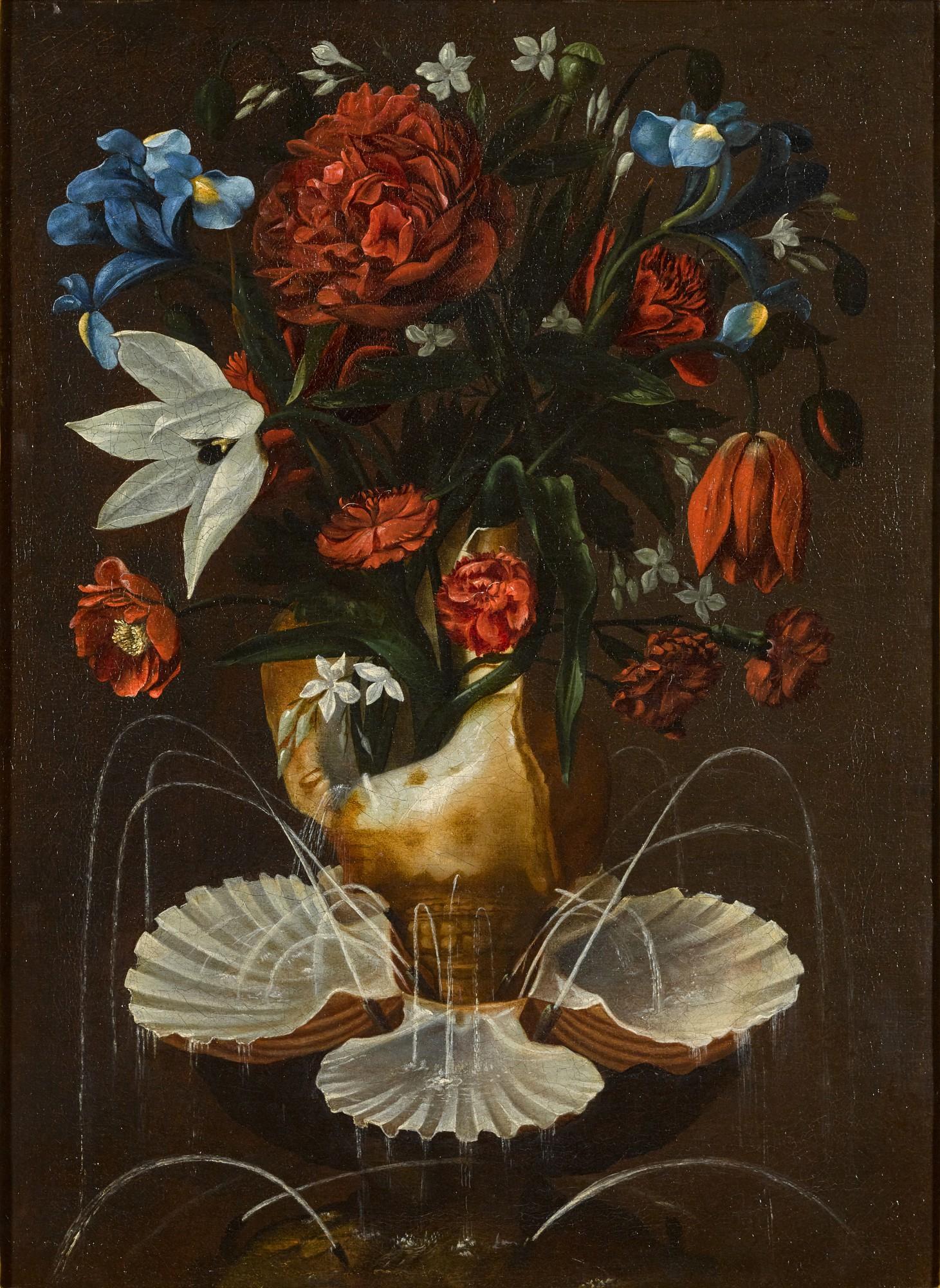 Antonio Ponce - Still Life With Peonies, Carnations, Blue Irises And Other Flowers In A Shell Fountain