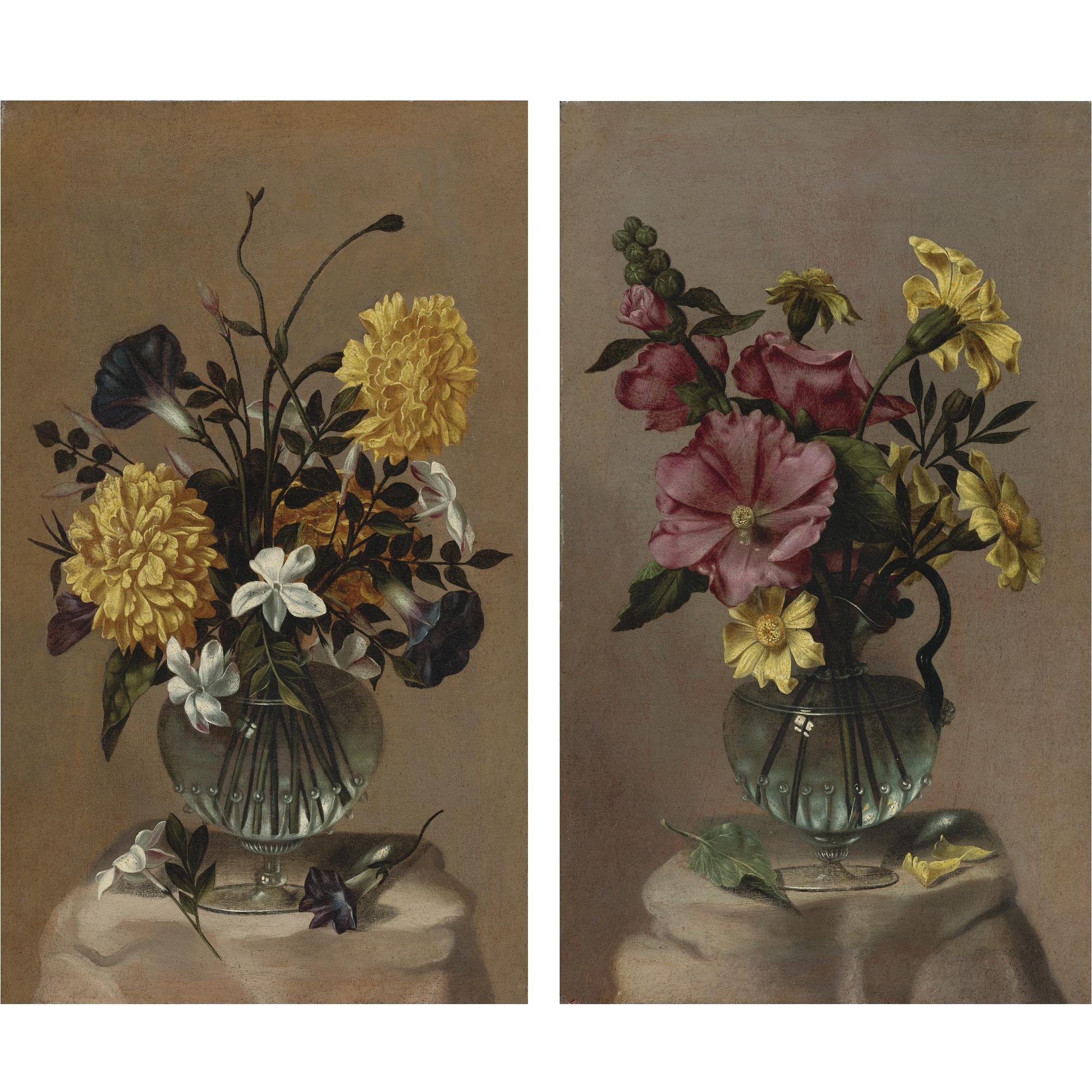 Antonio Ponce - Vase Of Hollyhocks And African Marigolds; Vase Of French Marigolds, Morning Glory And Jasmine