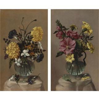 Antonio Ponce - Vase Of Hollyhocks And African Marigolds; Vase Of French Marigolds, Morning Glory And Jasmine