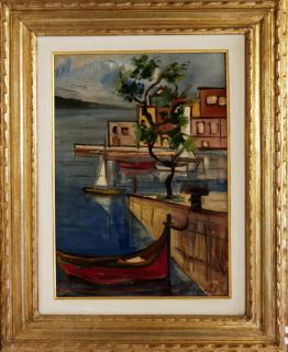 Antonio Recalcati - Paesaggio mediterraneo con barche all\'ormeggio