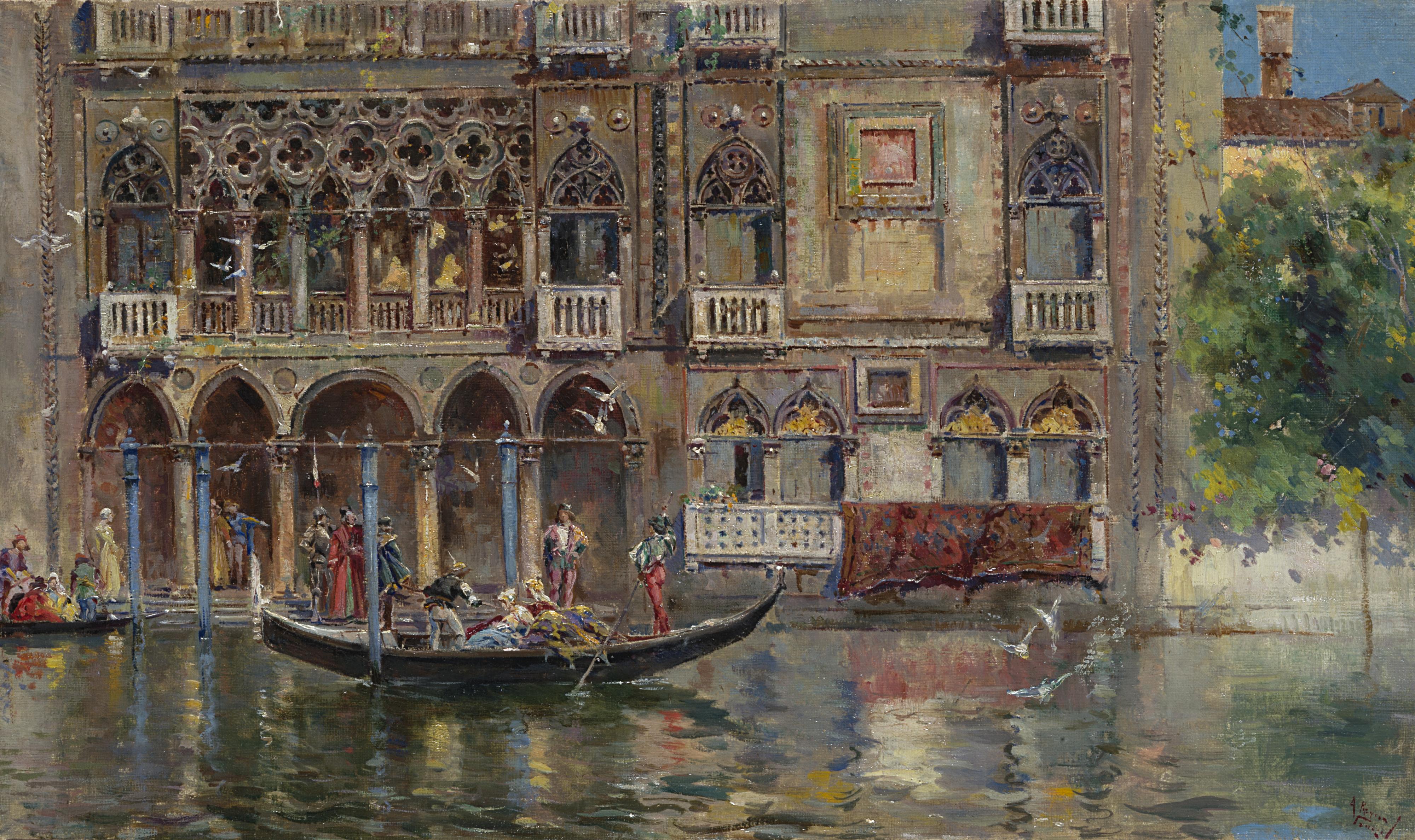 Antonio Reyna De Manescau - Scorcio con gondola e palazzo veneziano