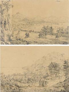 Antonio Senape - Figures On The Promenade At Salerno; And Figures In The Hills Above The Italian Coast (Both Illustrated)