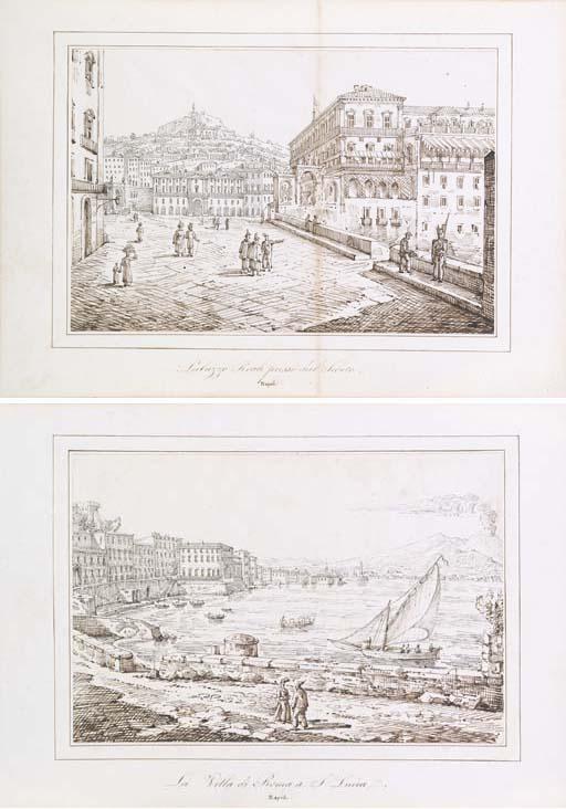Antonio Senape - Napoli: Il Palazzo Reale Verso La Collina di San Martino; E Napoli: Il Quartiere di Santa Lucia Con La Lanterna Del Molo E Il Vesuvio