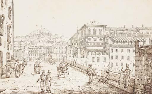 Antonio Senape - Une vue de Naples avec des personnages au premier plan