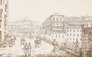 Antonio Senape - Une vue de Naples avec des personnages au premier plan