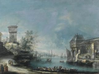 Antonio Stom - A Capriccio Coastal View With Elegant Buildings, A Bridge In The Distance, And Figures On Loaded Boats In The Foreground