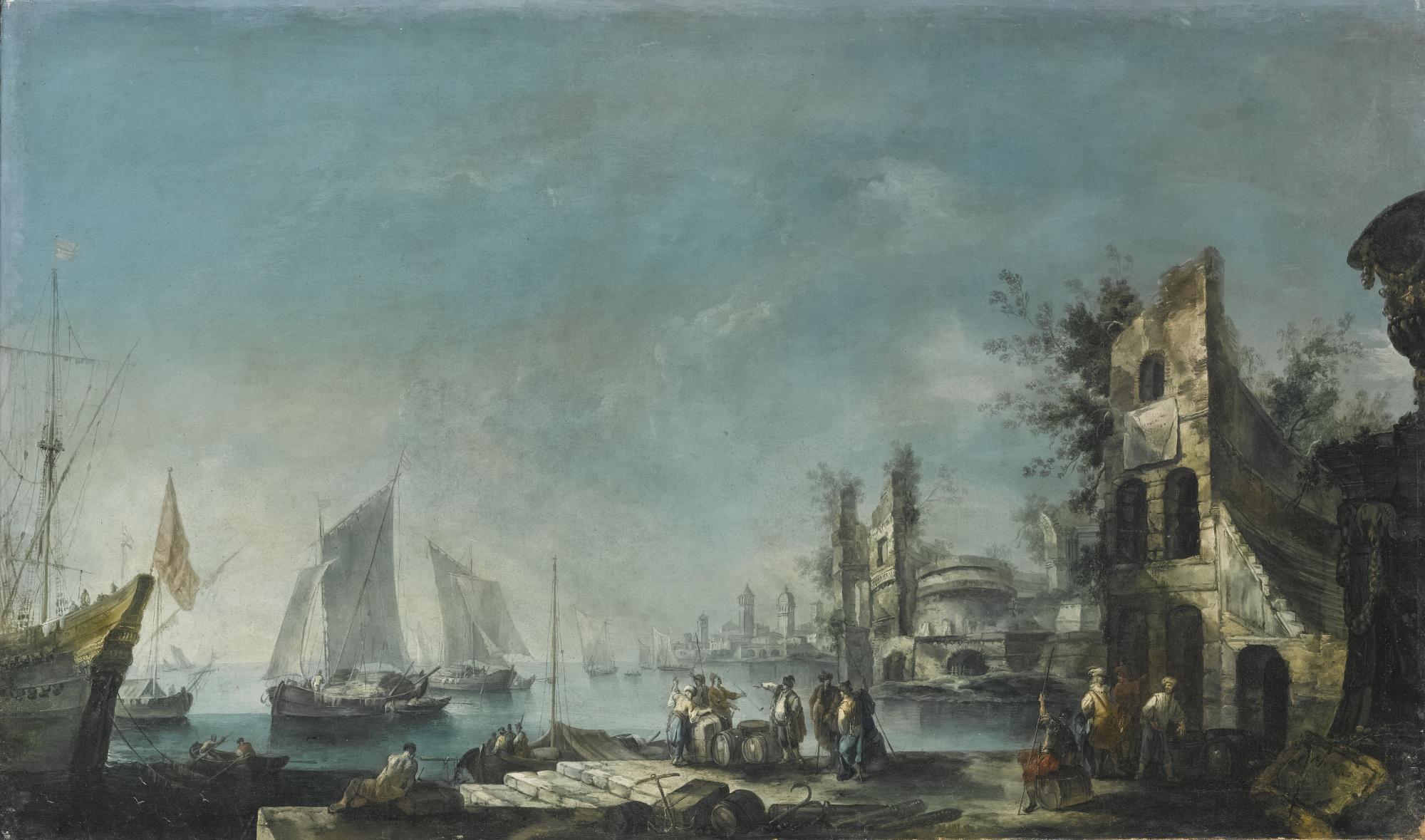 Antonio Stom - A Capriccio Harbour View With Figures Conversing And Ships At Anchor