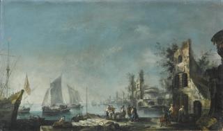 Antonio Stom - A Capriccio Harbour View With Figures Conversing And Ships At Anchor