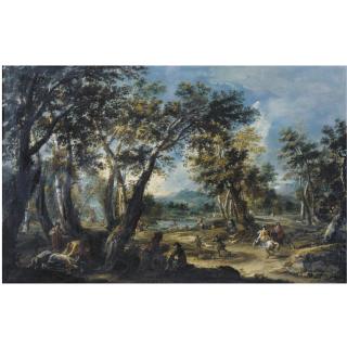 Antonio Stom - Landscape With A  Stag Hunt