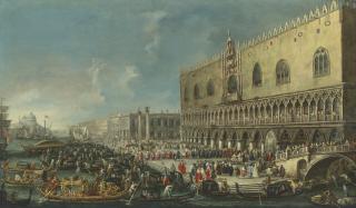 Antonio Stom - The Molo, Venice, looking west with the reception of the Papal Nuncio Carlo Gaetano Stampa (1667–1742), later Cardinal-Archbishop of Milan, at the Doge\'s Palace on 15 July 1721