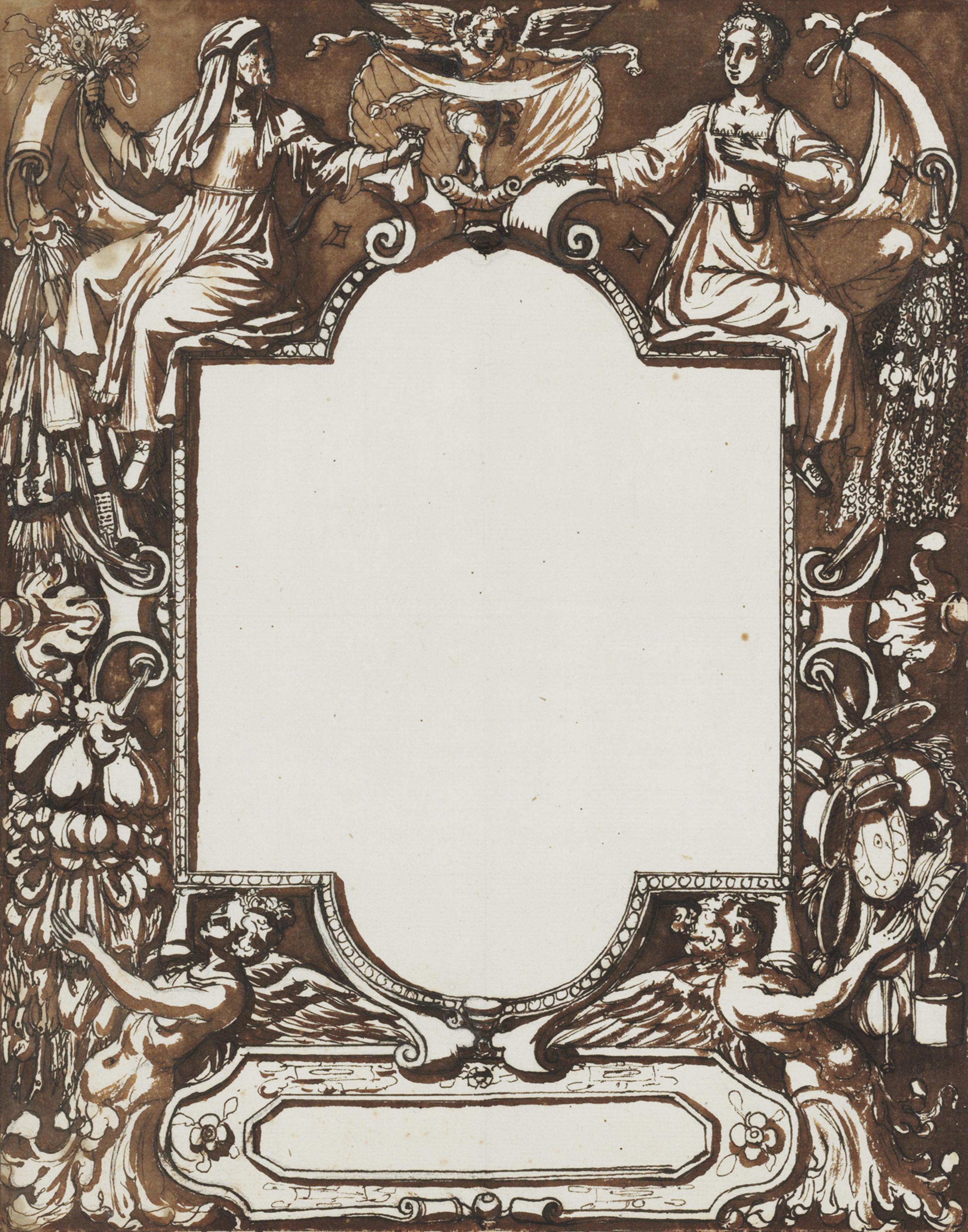Antonio Tempesta - Allegorical figures and angels holding garlands around a cartouche: Design for a frontispiece
