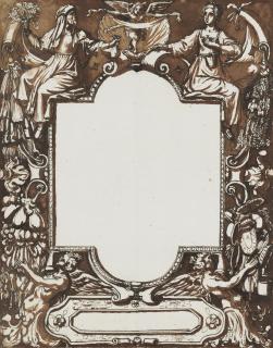 Antonio Tempesta - Allegorical figures and angels holding garlands around a cartouche: Design for a frontispiece