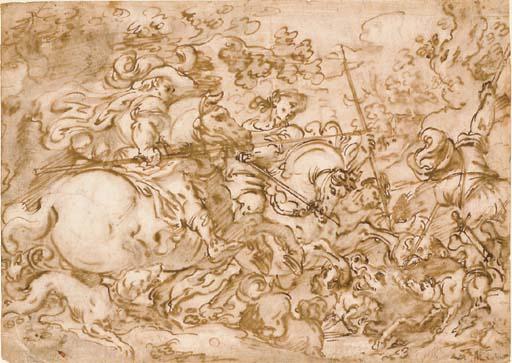 Antonio Tempesta - Quatre cavaliers chassant le sanglier, entourés de chiens