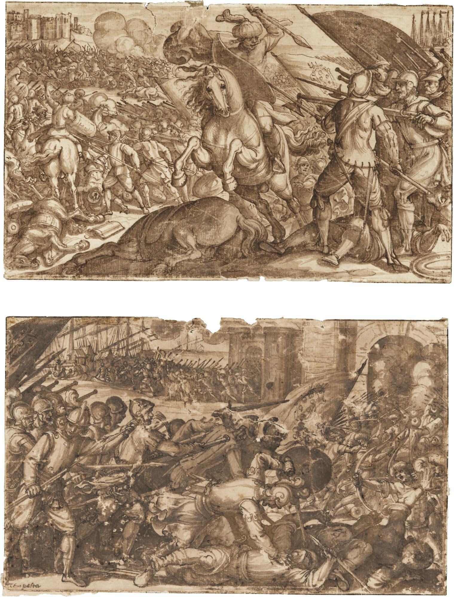 Antonio Tempesta - Two Battle Scenes: Troops With Medici Banners Fighting Turks