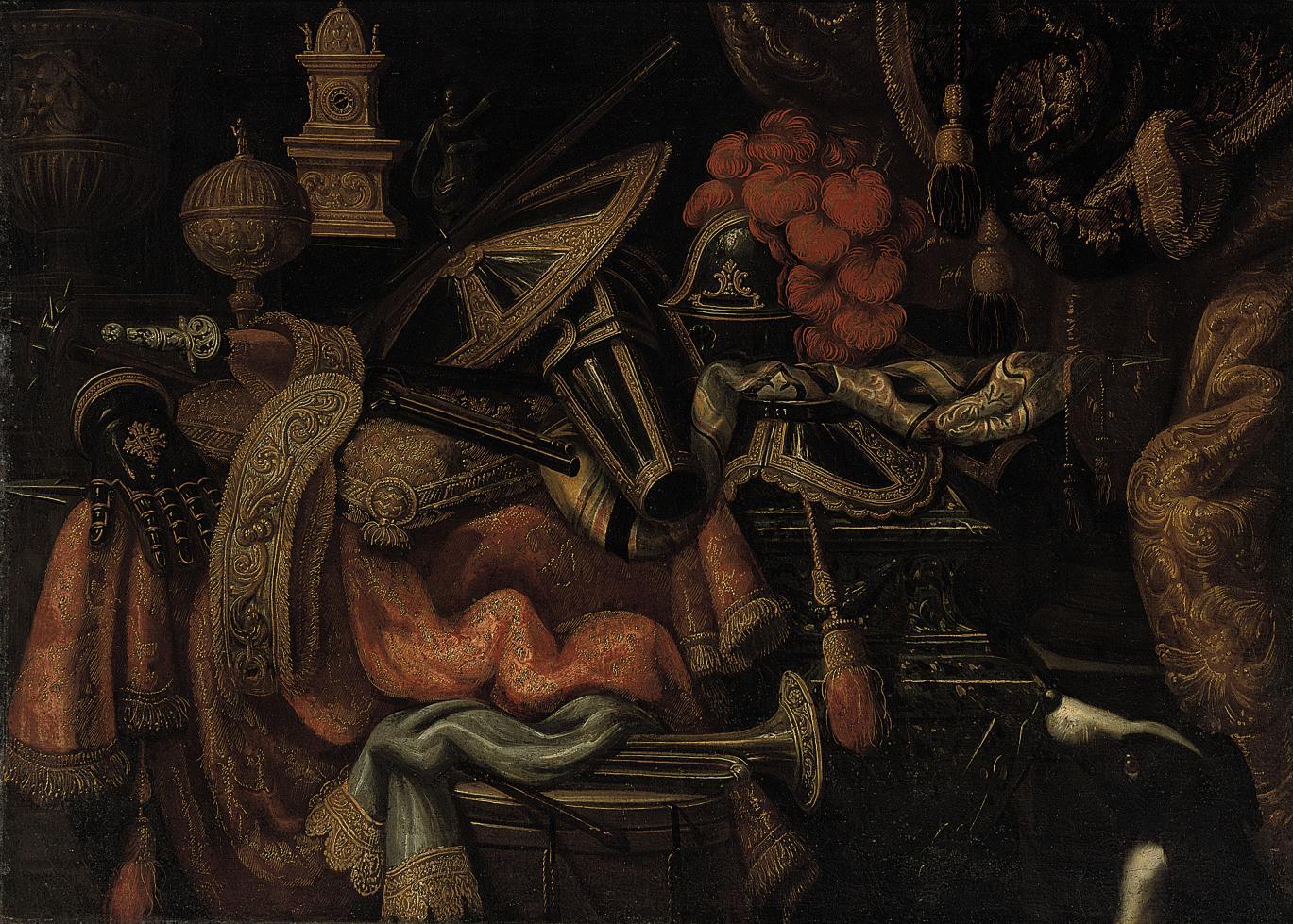 Antonio Tibaldi - A plumed helmet, a tilting shield, a mace and other arms and armour on a partly-draped carved marble table, with a snare drum and a trumpet, a clock, a bronze statuette and golden vessels, by a draped column, with a hound