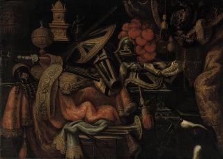 Antonio Tibaldi - A plumed helmet, a tilting shield, a mace and other arms and armour on a partly-draped carved marble table, with a snare drum and a trumpet, a clock, a bronze statuette and golden vessels, by a draped column, with a hound