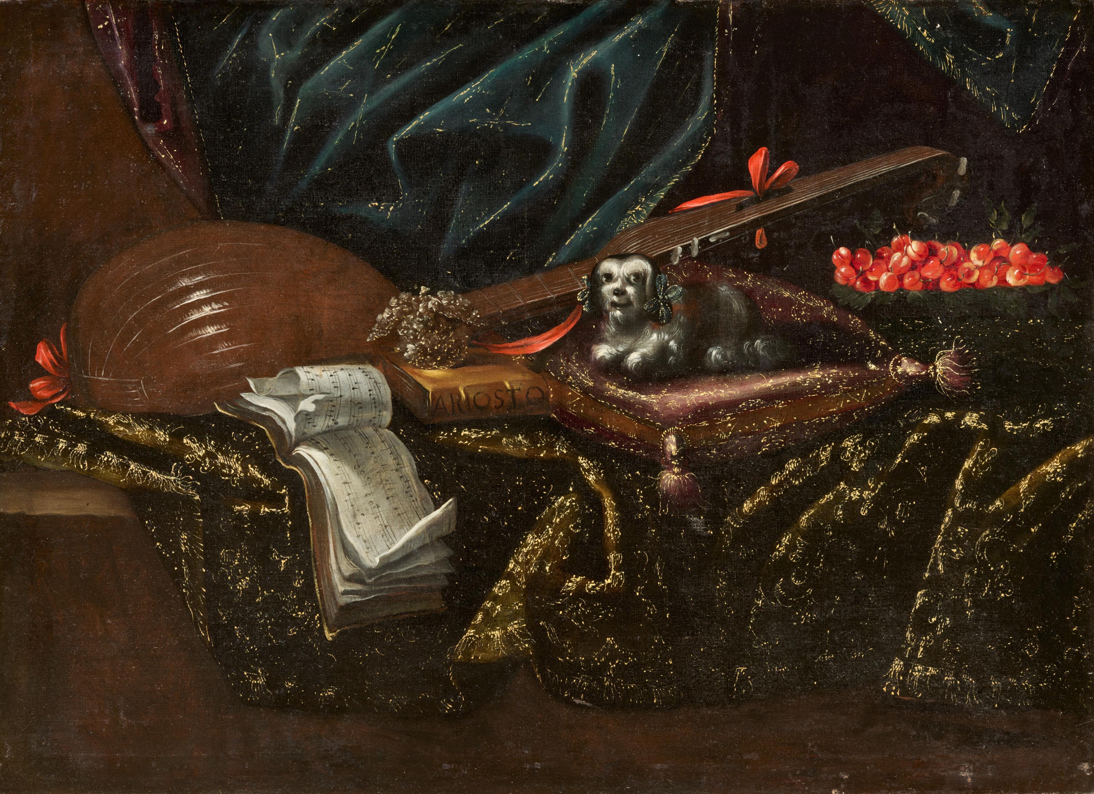 Antonio Tibaldi - Stilleben mit Notenblatt, Hund, Kirschen und Erzlaute.