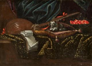 Antonio Tibaldi - Stilleben mit Notenblatt, Hund, Kirschen und Erzlaute.