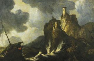 Antonio Travi - Barca di pescatori in una burrasca presso una costa rocciosa