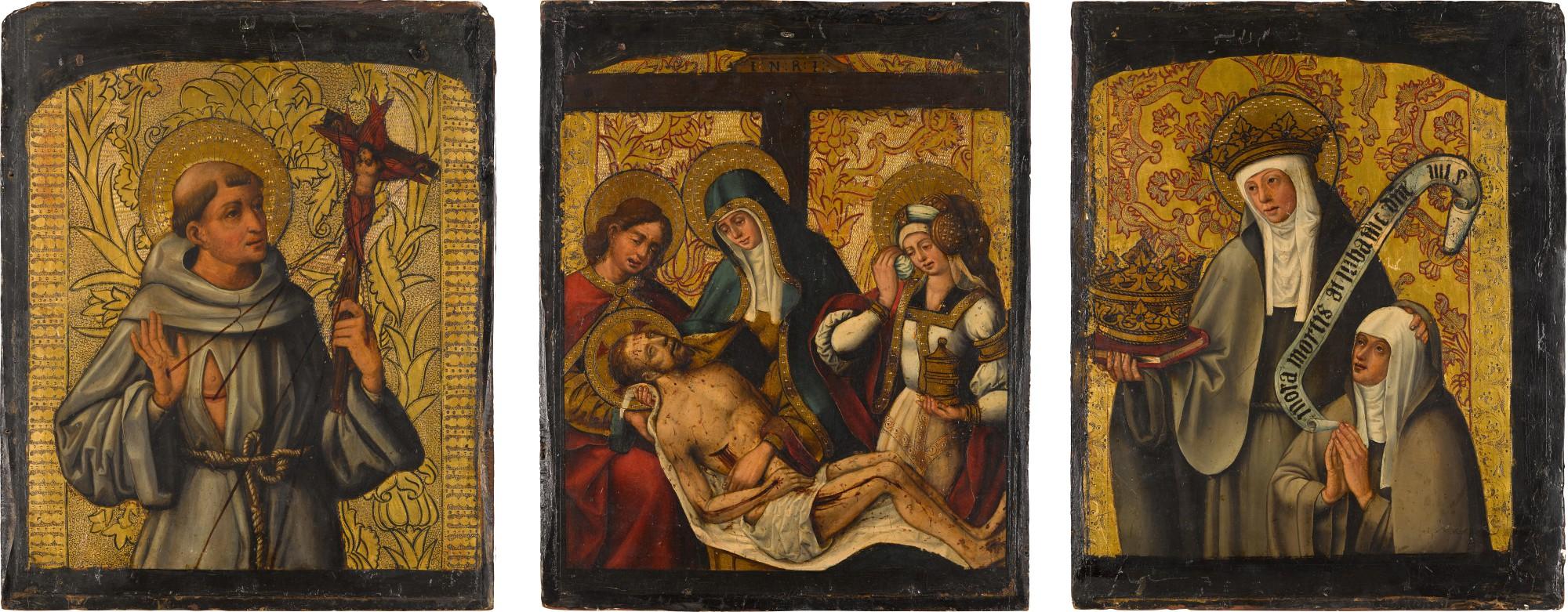 Antonio Vázquez - Three Predella Panels: Saint Francis Of Assisi; The Lamentation; Saint Elizabeth Of Hungary With A Donor