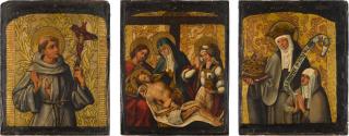 Antonio Vázquez - Three Predella Panels: Saint Francis Of Assisi; The Lamentation; Saint Elizabeth Of Hungary With A Donor