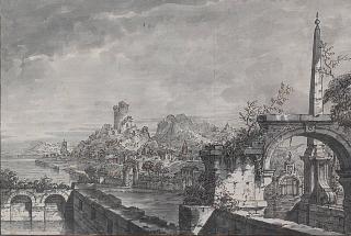 Antonio Visentini - A Capriccio Landscape With Buildings And A Ruined Castle On A River, A Terrace With Ruins And An Obelisk