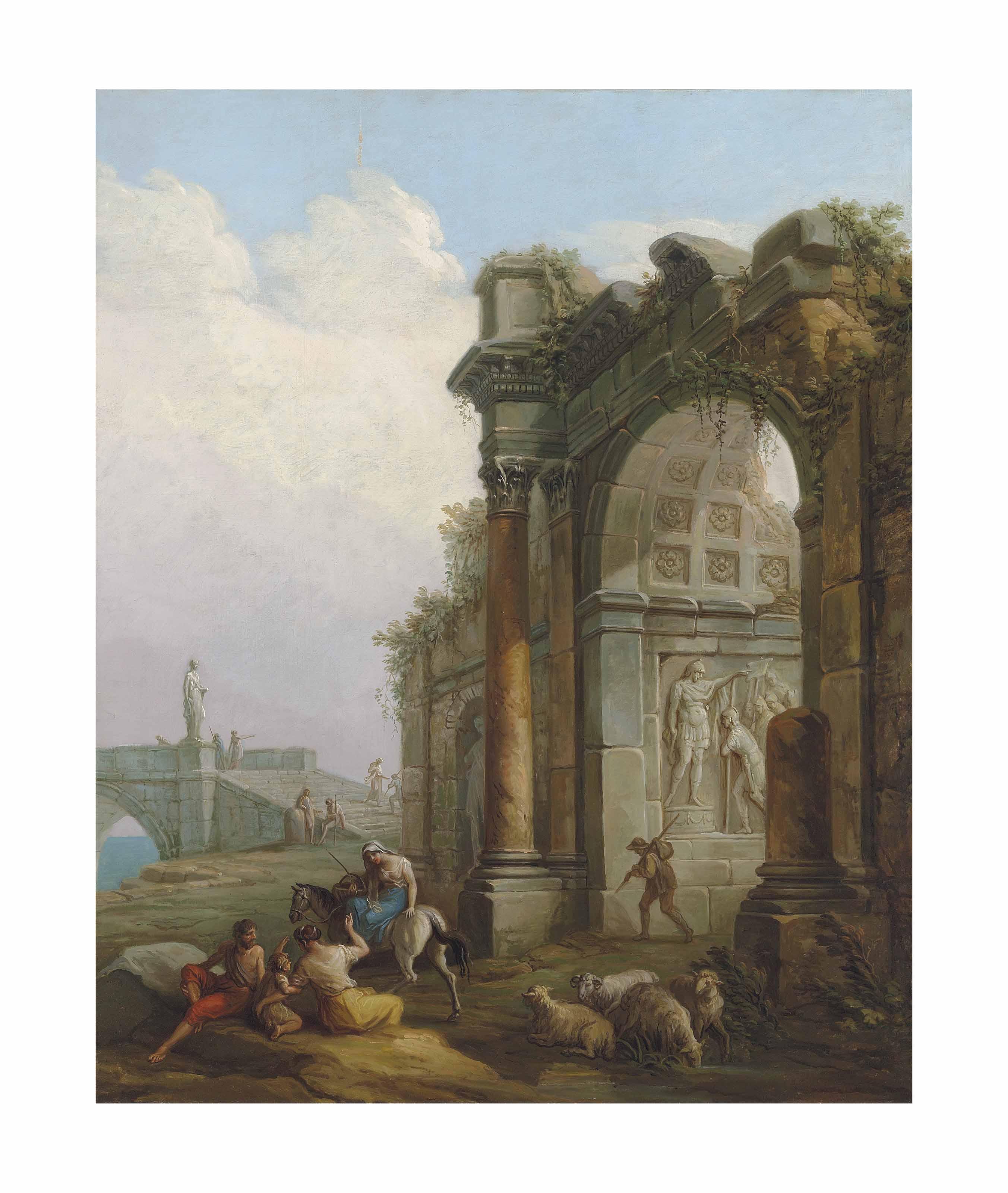 Antonio Zucchi - A ruined triumphal arch with figures conversing on path, a bridge beyond