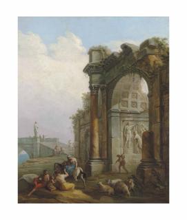 Antonio Zucchi - A ruined triumphal arch with figures conversing on path, a bridge beyond
