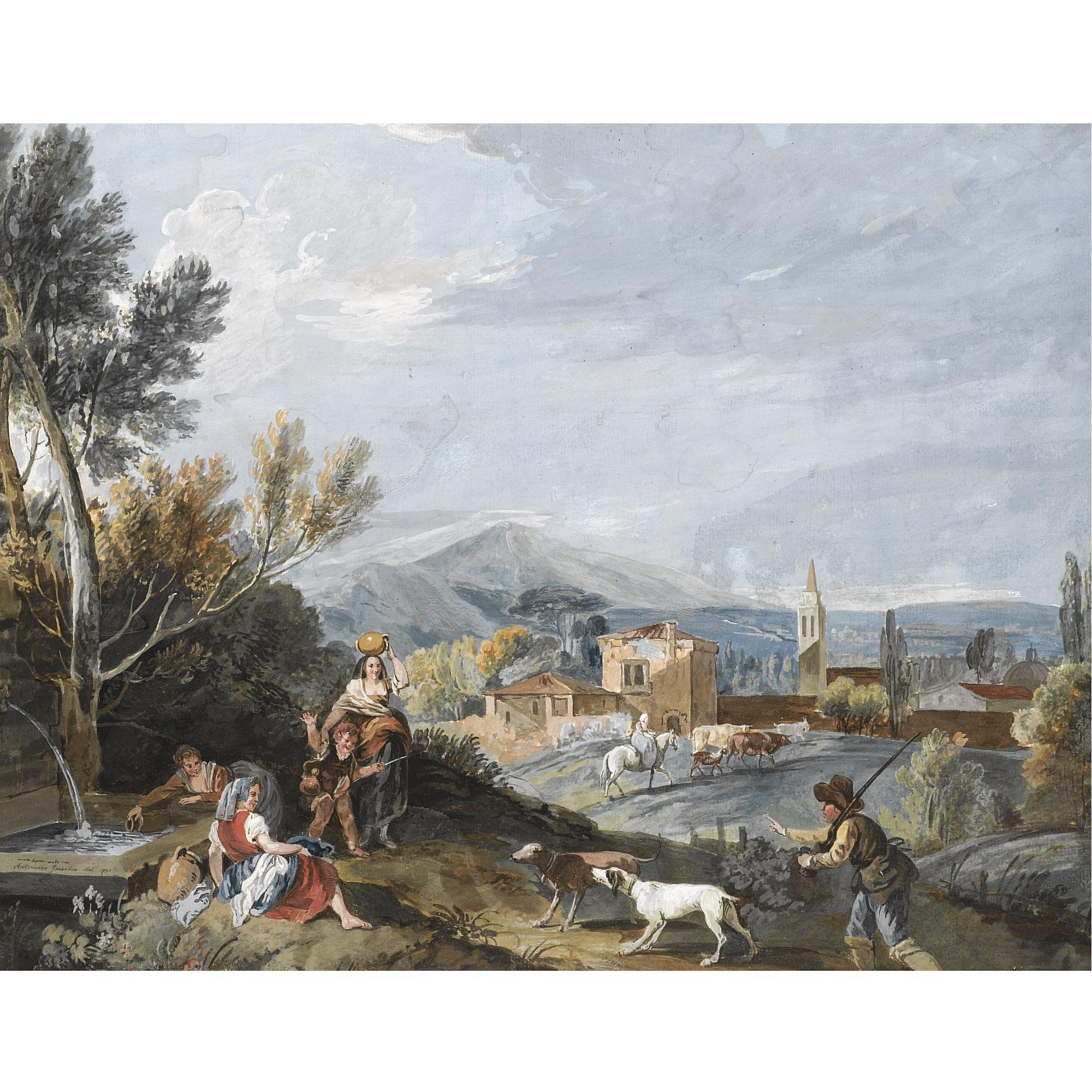 Antonio Zucchi - Landscape With Peasants By A Roadside Fountain