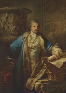 Antonio Zucchi - Portrait of James Adam (1732-1794), three-quarter-length, in an embroidered waistcoat and fur-lined blue coat, holding a pair of compasses, and a scroll, leaning on a capital, in an interior