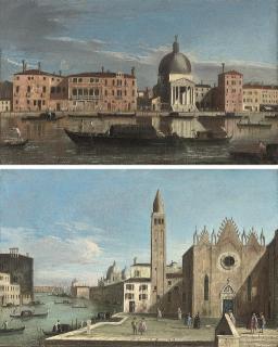 Apollonio Domenichini - The Grand Canal, Venice, looking west towards San Simeone Piccolo and; The Grand Canal, Venice, looking east with the Scuola della Carità