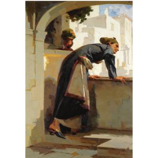 Apostolos Geralis - Greek Woman Leaning Over A Balcony