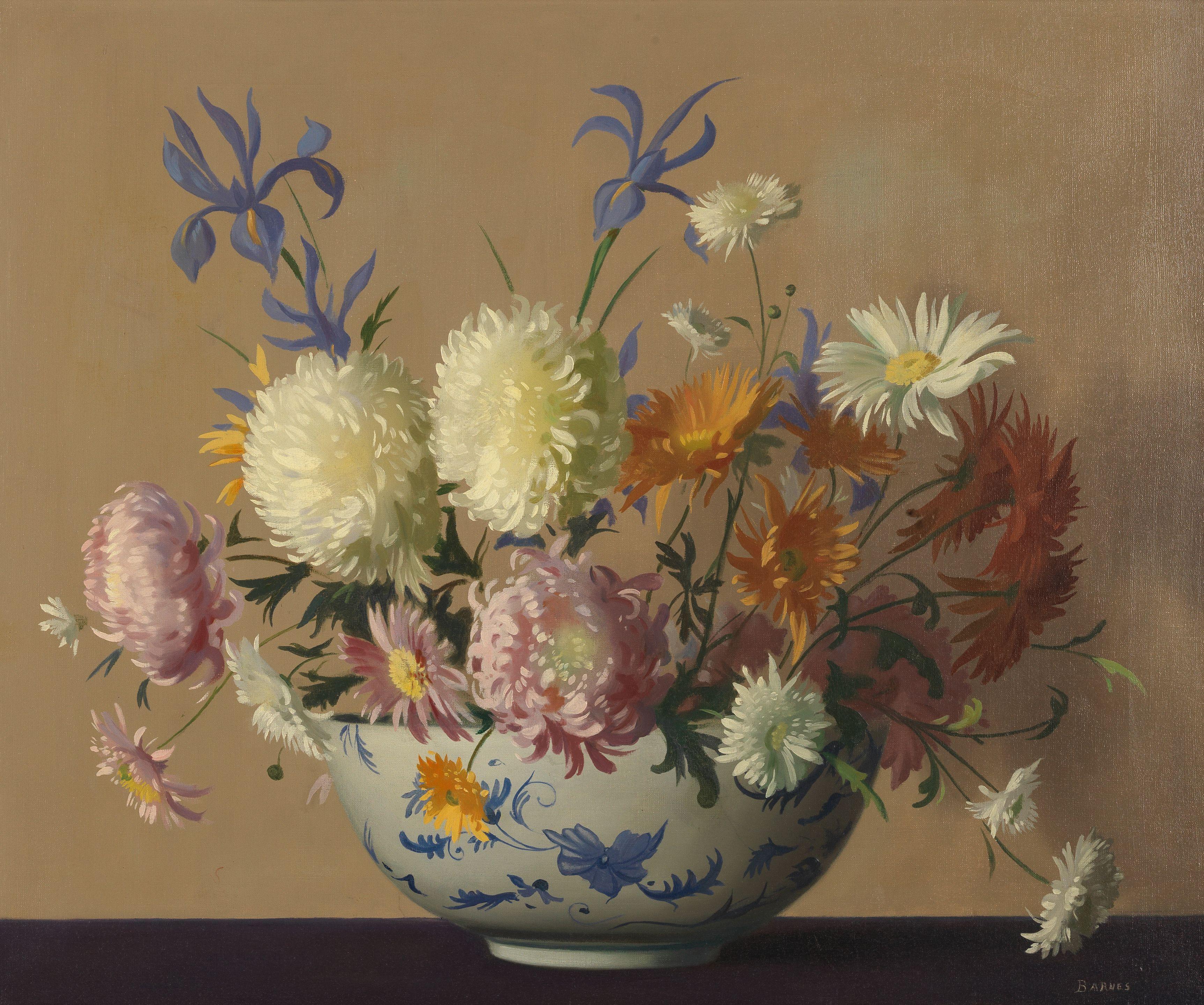 Archibald George Barnes - Chrysanthemums and daisies in a blue and white bowl