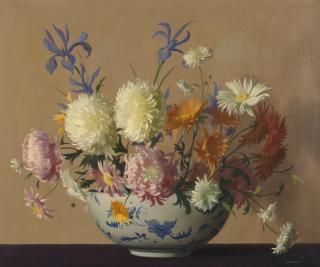 Archibald George Barnes - Chrysanthemums and daisies in a blue and white bowl
