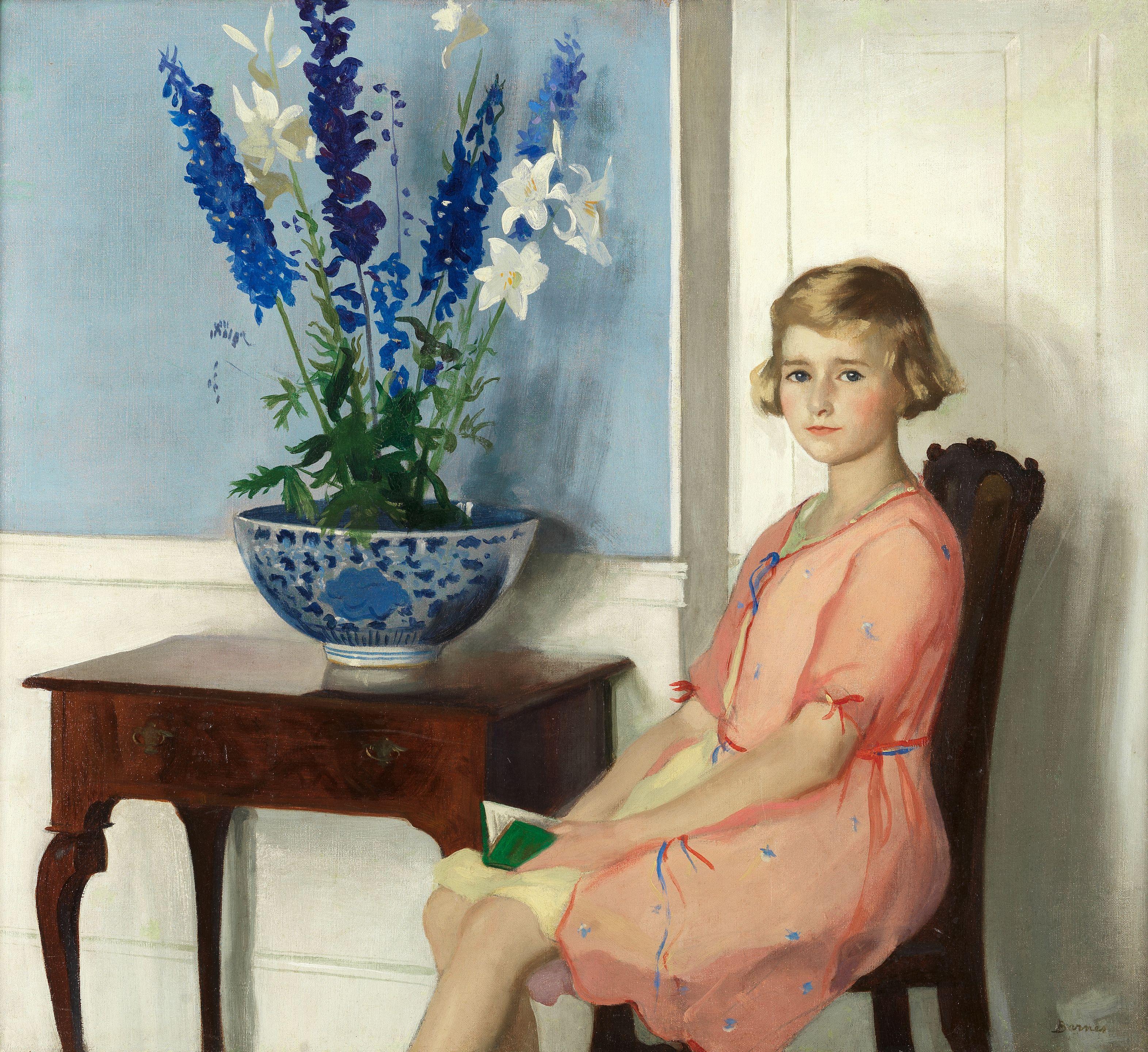 Archibald George Barnes - Portrait of a girl, seated, next to flowers