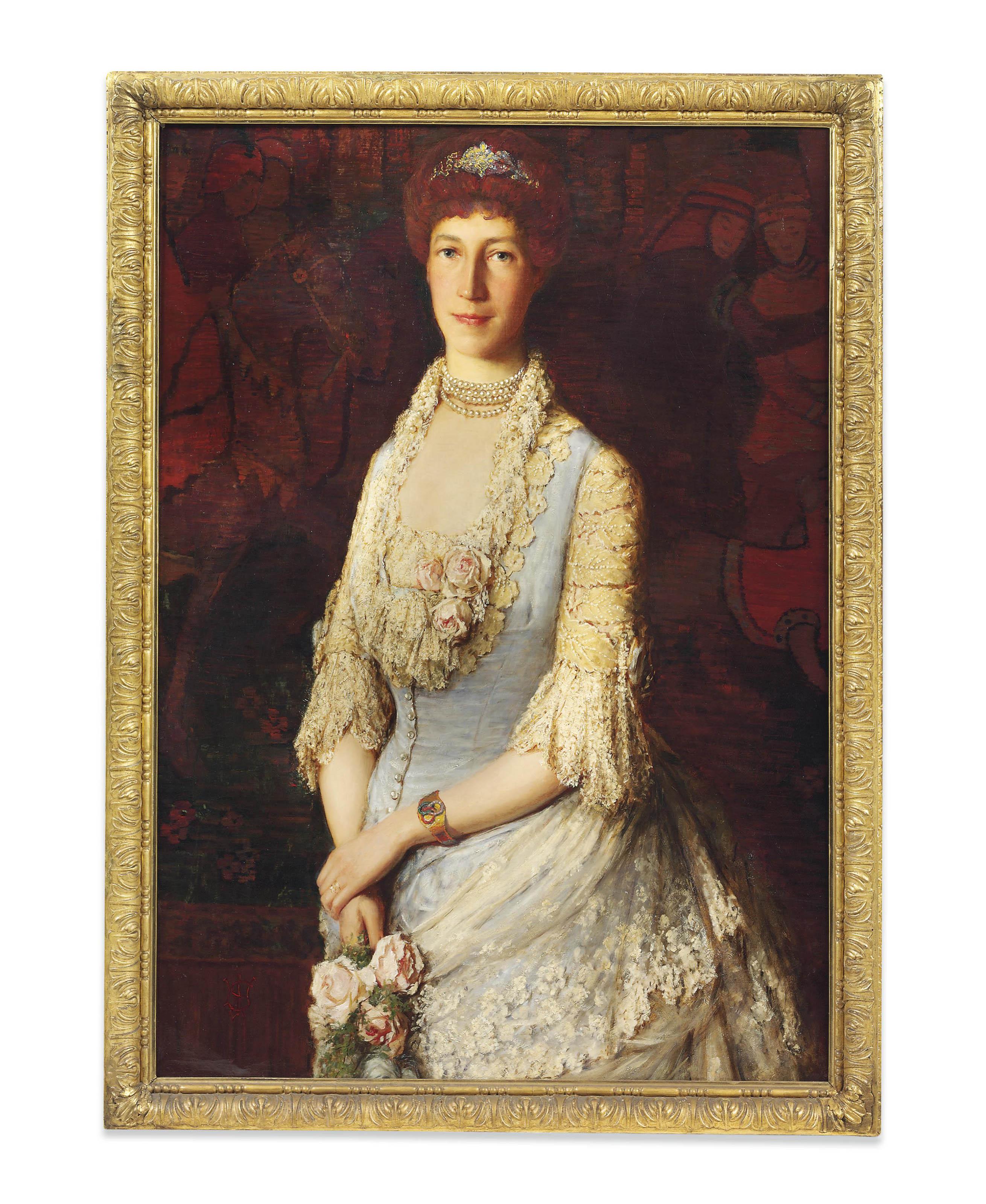 Archibald James Stuart Wortley - Portrait Of A Lady, Said To Be Lady Singer, Half-Length, In A White Lace Dress, Holding Roses