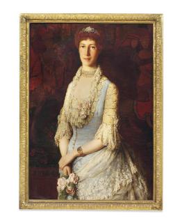 Archibald James Stuart Wortley - Portrait Of A Lady, Said To Be Lady Singer, Half-Length, In A White Lace Dress, Holding Roses